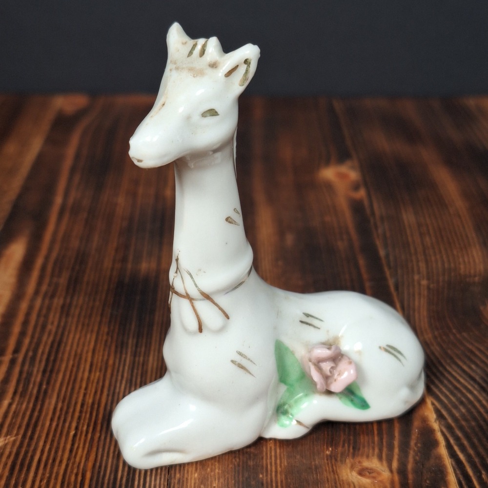 Vintage White Porcelain Giraffe Figurine Pink Flower Gold Gilt Japan 3.5"